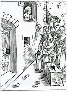 Des Veilleurs de Nuit et des Batteurs des Rues jouant la Nuit sur des Instruments et utilisant des Folies semblables quand il est Temps de se Reposer, illustration de la traduction anglaise d